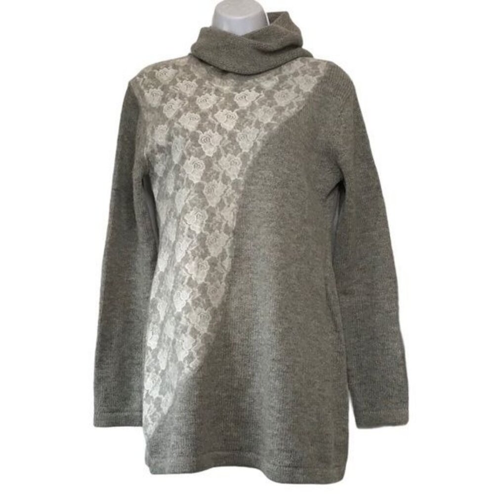 SOFT SURROUNDINGS Claude Turtleneck Tunic Sweater XS Lace Overlay Wool Gray